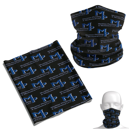 A black Coolmax bandana featuring blue logos displayed in various styles, including a neck gaiter.