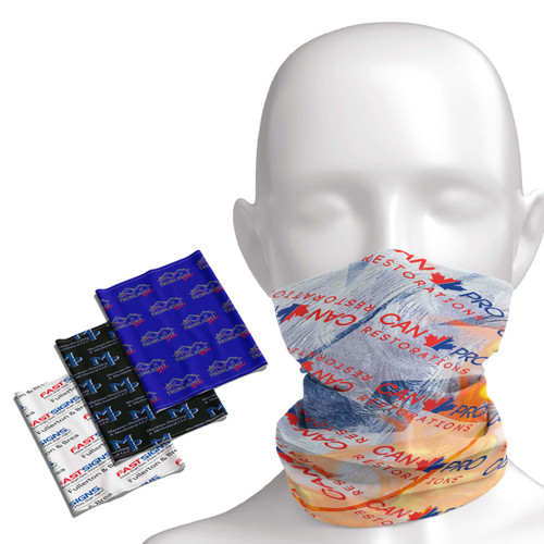 A bandana featuring various colours including blue, white, and black, displayed on a mannequin head with multiple folded bandanas nearby.
