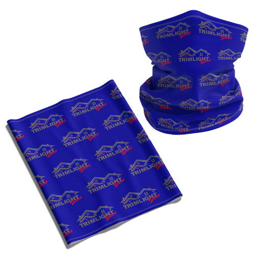 A blue Coolmax bandana with a repeated logo pattern, featuring both flat and shaped styles.