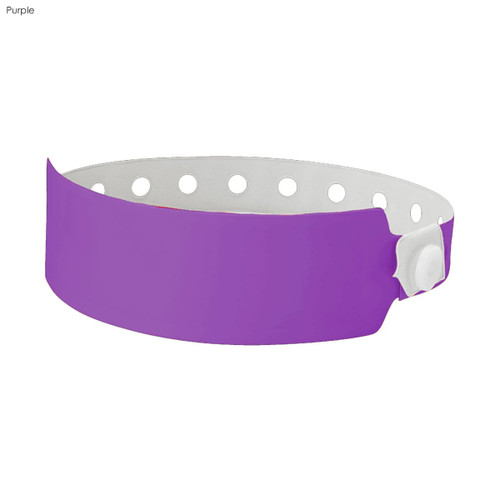 A purple plastic wristband featuring holes and a secure fastening, designed for events and exhibitions.