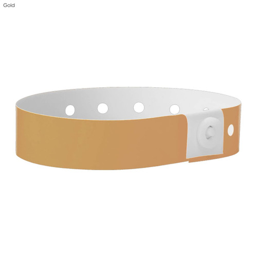 A gold plastic wristband with a white snap button, featuring multiple holes for adjustability.