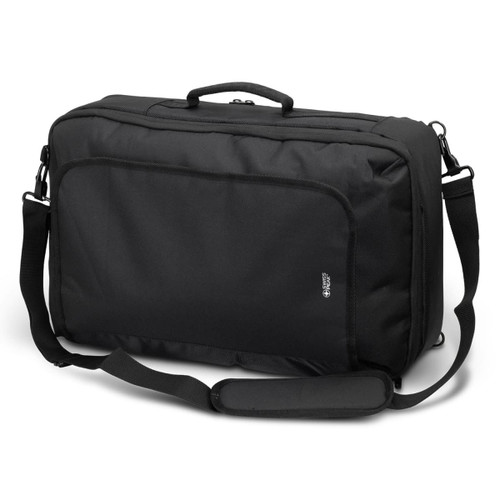 A black convertible travel backpack with a handle and adjustable shoulder strap, featuring a logo on the side.