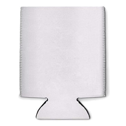 A white foam stubby cooler with a base cut-out and a logo on one side, designed for holding drinks.