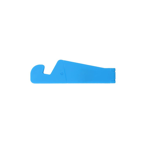 A V-shaped phone stand in bright blue, featuring a sleek design and a logo on the surface.