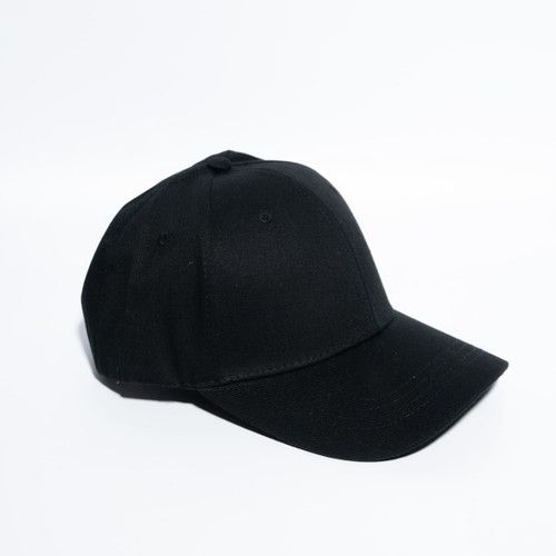 A black snapback cotton baseball cap featuring a curved brim and a structured fit, with a logo on the front.