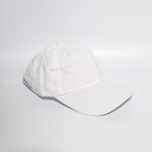 A white denim cotton baseball cap with a buckle strap and a logo on the side.