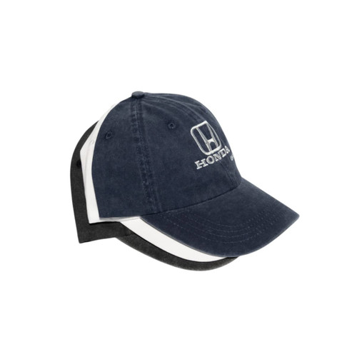 A denim cotton baseball cap in navy, featuring a logo, with contrasting white and black variants displayed.