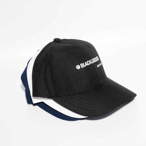 A black baseball cap with a logo, stacked with navy and white versions behind it.