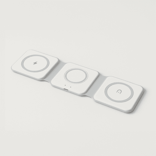 A white Matrix 3-in-1 MagSafe wireless charger with three circular charging areas and a logo.