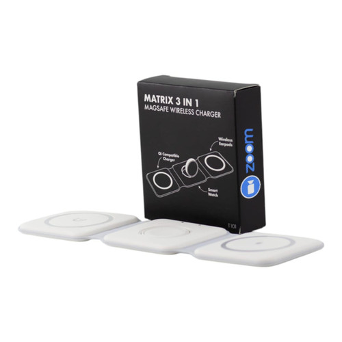 A white Matrix 3-in-1 MagSafe wireless charger with three charging pads and a box featuring a logo.