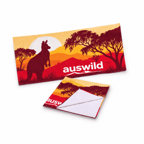 A Maroubra beach towel featuring a kangaroo silhouette against a yellow and red sunset background, with a logo.