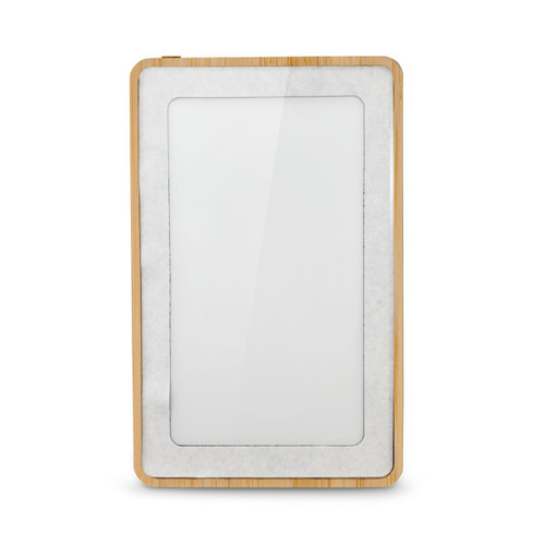 A power bank with a bamboo frame and smooth white surface, featuring a logo on the front.