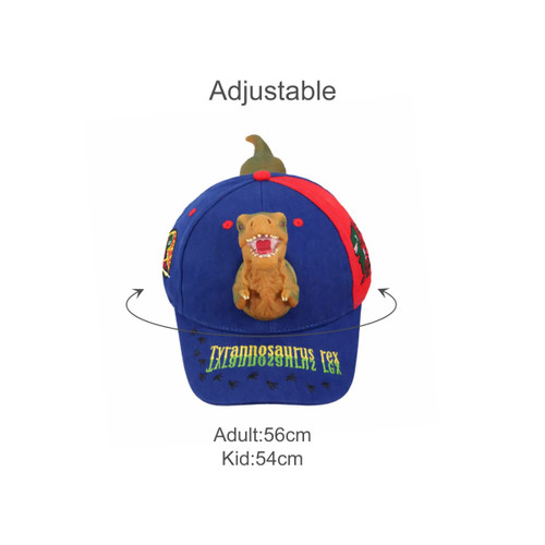 A blue and red adjustable cap featuring a 3D Tyrannosaurus rex design on the front. Includes branding details.
