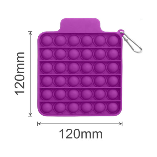 A purple silicone pop bubble board with multiple textured bubbles and a clip attachment, measuring 120mm by 120mm.
