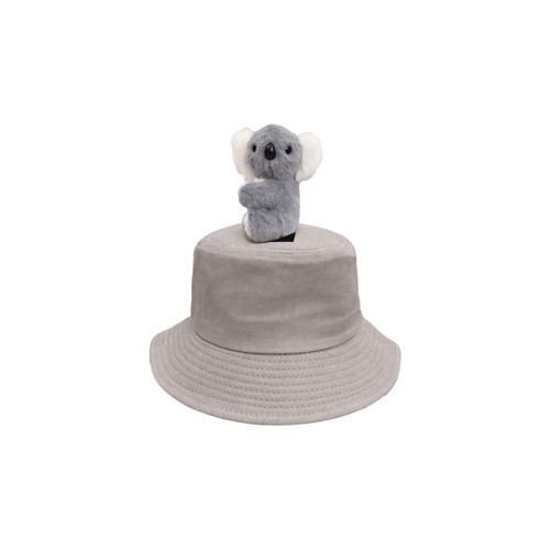 A grey bucket hat featuring a plush koala toy on top, with a textured finish and a logo.