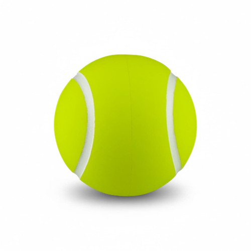 A bright yellow tennis ball featuring white stripes and a smooth surface, with a logo displayed.