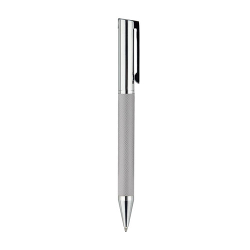A silver metal pen with a textured grip and a clip, featuring a logo on the barrel.
