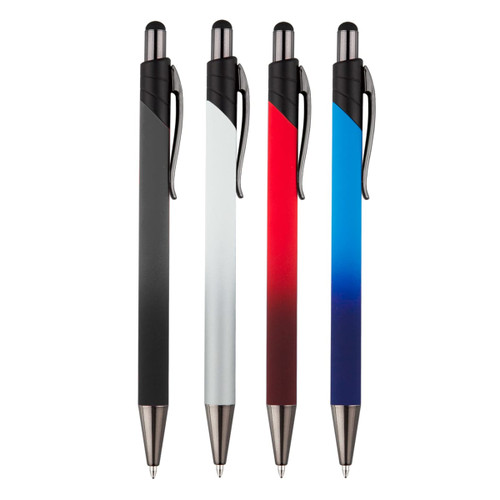 A set of four Volcano Stylus Metal Pens in black, white, red, and blue gradients with metal accents.
