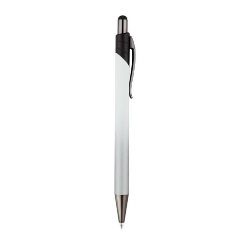 A metal pen with a sleek white barrel and black accents, featuring a clip and shiny silver tip.