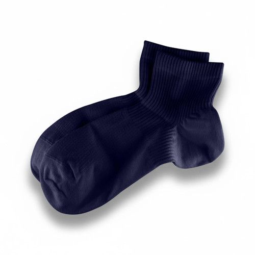 Navy blue breathable socks with ribbed texture, featuring a smooth design and a branding logo.