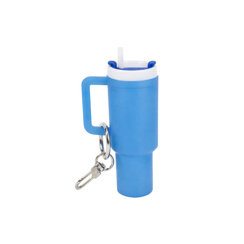 A blue glow-in-the-dark mini tumbler keyring with a straw and a handle, featuring a metal keyring attachment.