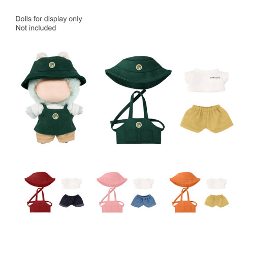 A plush doll apron outfit featuring green clothing items, a hat, and colourful shorts in yellow, pink, orange, and red.