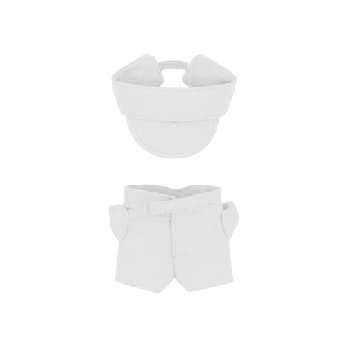 A plush doll outfit set featuring a white racing suit and matching cap, suitable for 10cm dolls, with a logo.
