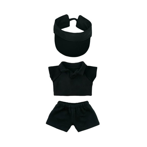 A black plush doll racing suit set featuring a visor, short-sleeved polo, and shorts, suitable for 15–17cm dolls.