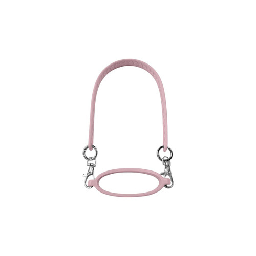 A drink bottle strap in soft pink silicone with metallic clips on each end, featuring a textured handle design.