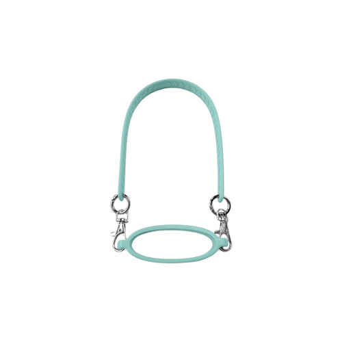 A drink bottle silicone cup carry strap in a light blue colour with silver clips on each end.