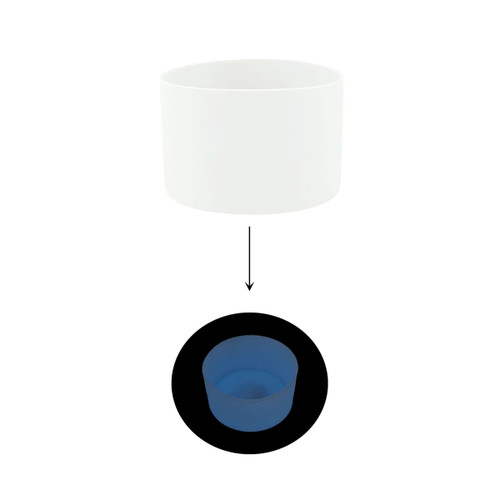 A drink bottle with a white tumbler and a blue glow-in-the-dark silicone boot beneath it. Contains a logo.
