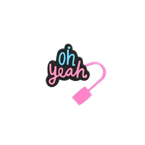 A drink bottle accessory in black and pink, featuring the phrase "oh yeah" in colourful lettering.