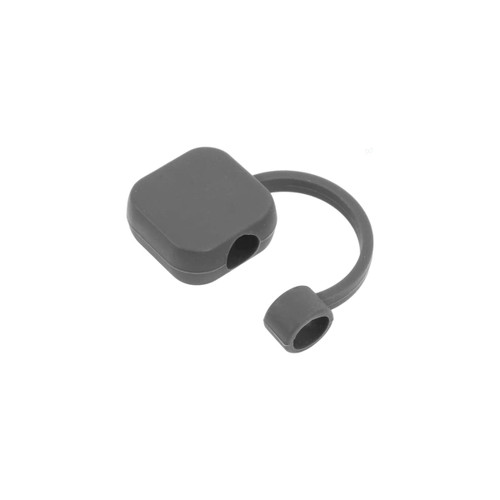 A square, grey silicone straw cover with a loop attachment and a circular opening. It features a logo.