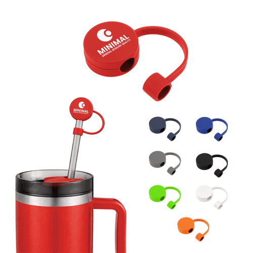 A drink bottle with a red round silicone straw cover alongside additional straw covers in various colours: blue, green, black, white, and grey.