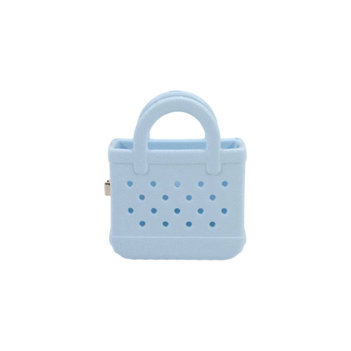 A light blue Mini EVA Holes Bag Clip features a textured surface and handles, with multiple perforations.