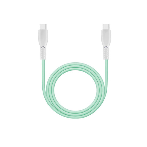 A mint green 100W fast charging cable with white connectors, featuring a logo on the connectors.