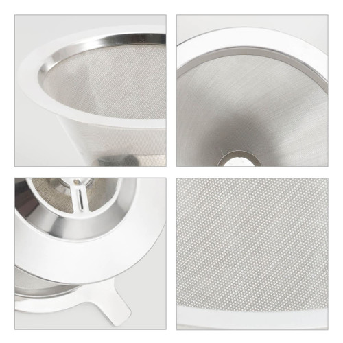 A stainless steel coffee filter with a stand in multiple angles, showcasing its mesh design and polished finish.