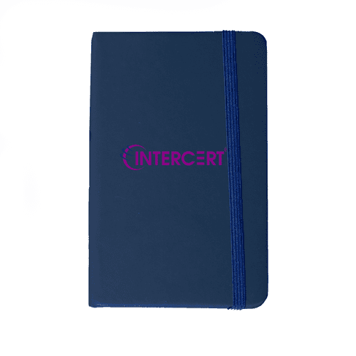 A navy blue notebook with a band, featuring a logo on the cover.