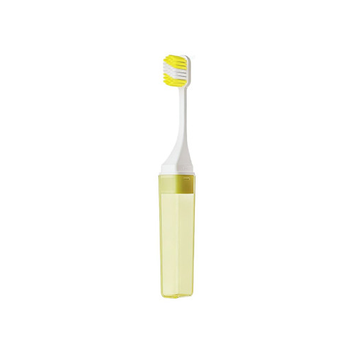 A yellow and white foldable toothbrush in a matching yellow case, featuring a logo on the case.