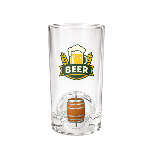 A glass cup with a custom spinner toy featuring a beer barrel design and a green logo.
