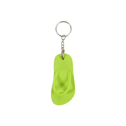 A keyring shaped like a thong in bright green, attached to a metal ring. It features a simple design with no branding visible.