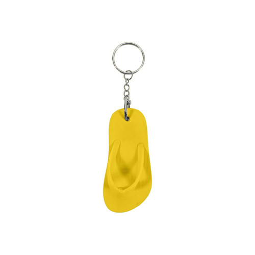 A yellow thongs-shaped keyring with a metal chain and keyring attachment.