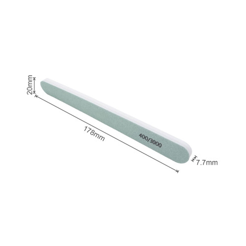 A double-sided polished nail file in green and white, measuring 178mm in length and 20mm in width.