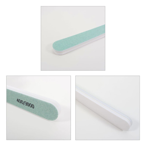 A double-sided polished nail file featuring a light green sanding surface and a white body. It has a branded logo.
