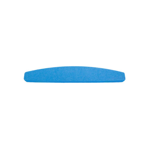 A blue half-moon shaped nail file with a smooth surface, featuring a branding logo.