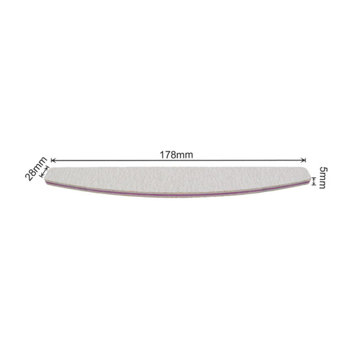 A half-moon shape nail file featuring a light pink side and a textured filing surface, measuring 178mm by 28mm by 5mm.