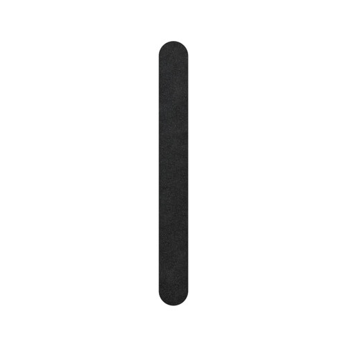 A black professional straight shape nail file with rounded ends and a textured surface. It features a branding logo.