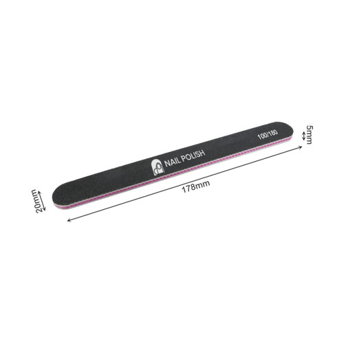 A black nail file with a purple core, measuring 178mm by 20mm, featuring a logo.