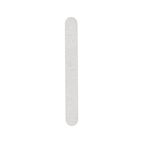 A straight shape nail file in a light grey colour, featuring a textured surface and a smooth edge.