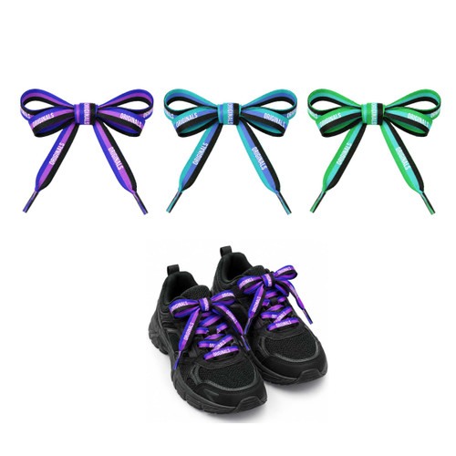 Custom flat shoe laces in purple, blue, and green, styled as bows on black sneakers. The image includes a logo.